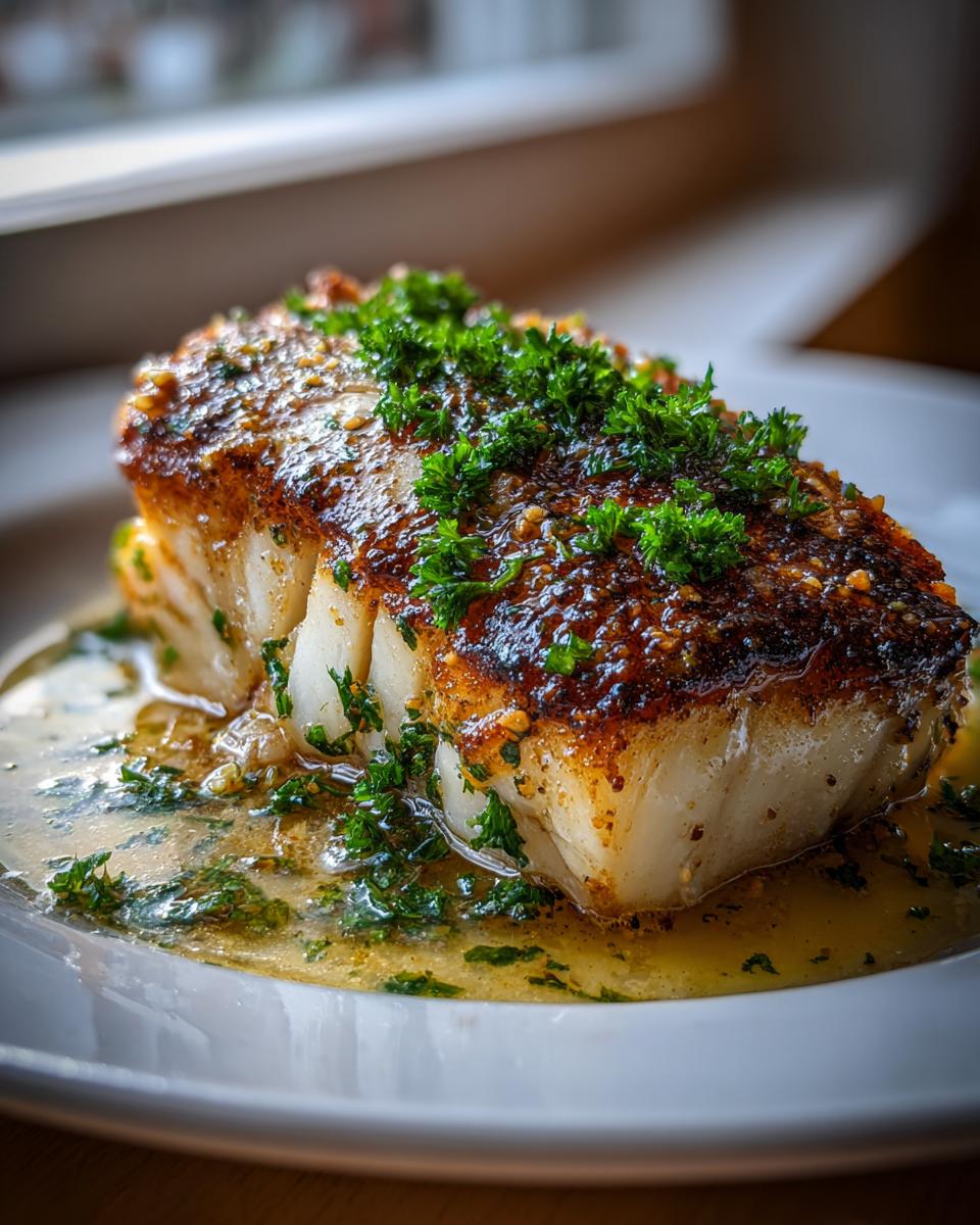 Close-up of a perfectly seared chilean sea bass recipe fillet topped with fresh parsley and butter sauce.
