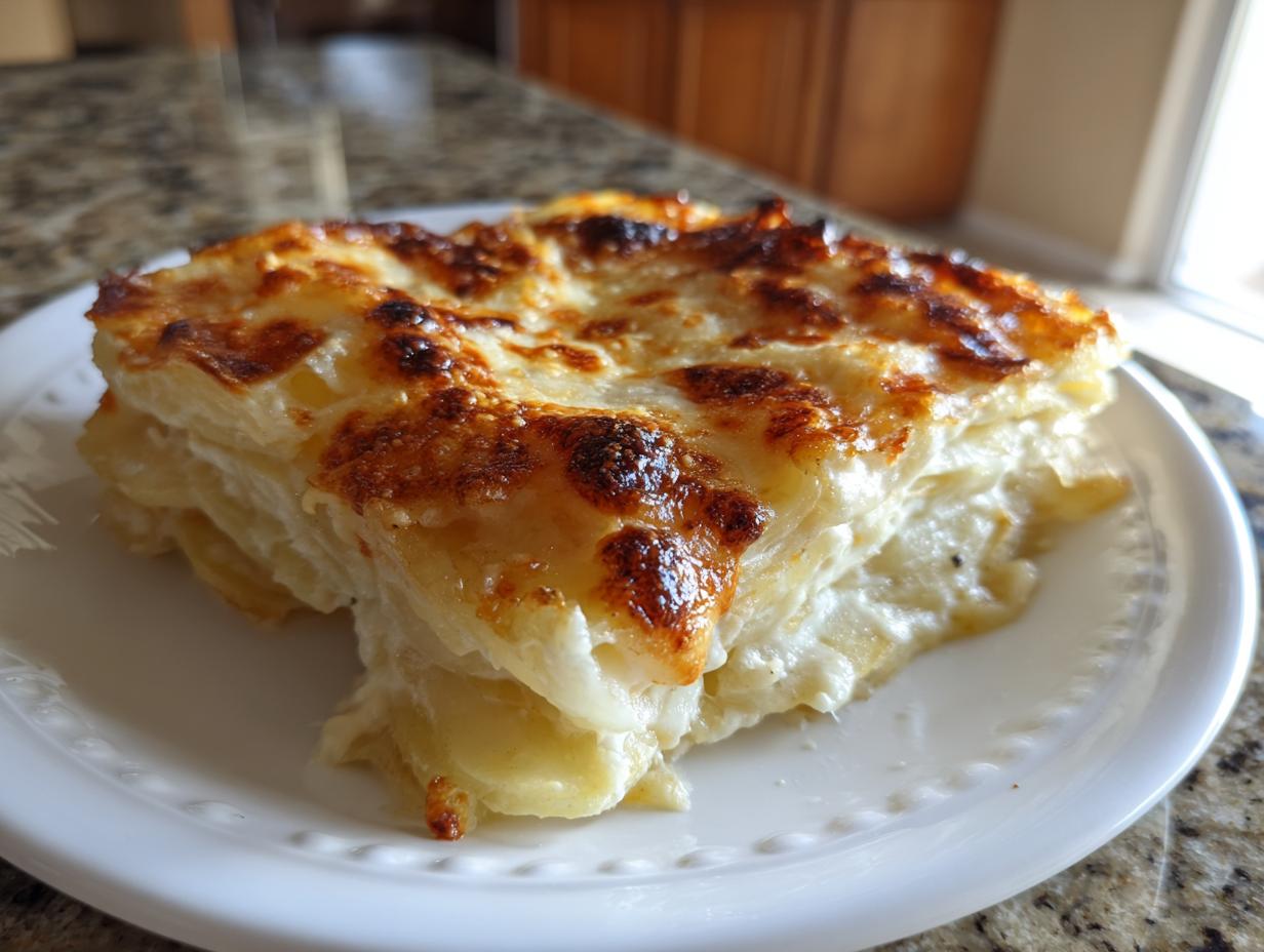 A close-up slice of creamy potatoes au gratin showing layered potatoes and a golden-brown, bubbly cheese crust.