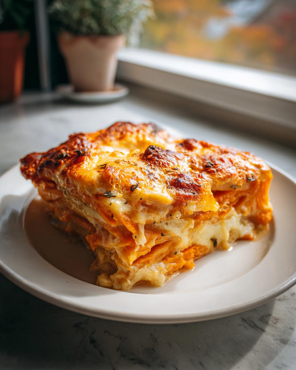 A decadent, layered slice of sweet potato au gratin with a browned, cheesy top, served on a white plate.