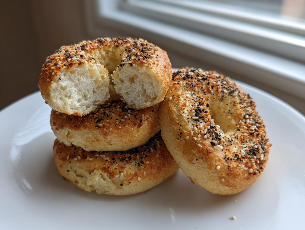 A stack of four everything bagel-topped sourdough discard bagels, one split open showing the soft interior.