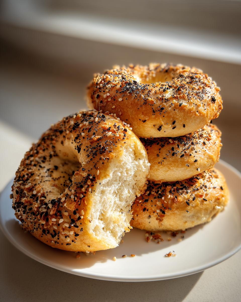 A stack of golden brown sourdough discard bagels topped with everything seasoning, one broken open to show the soft interior.