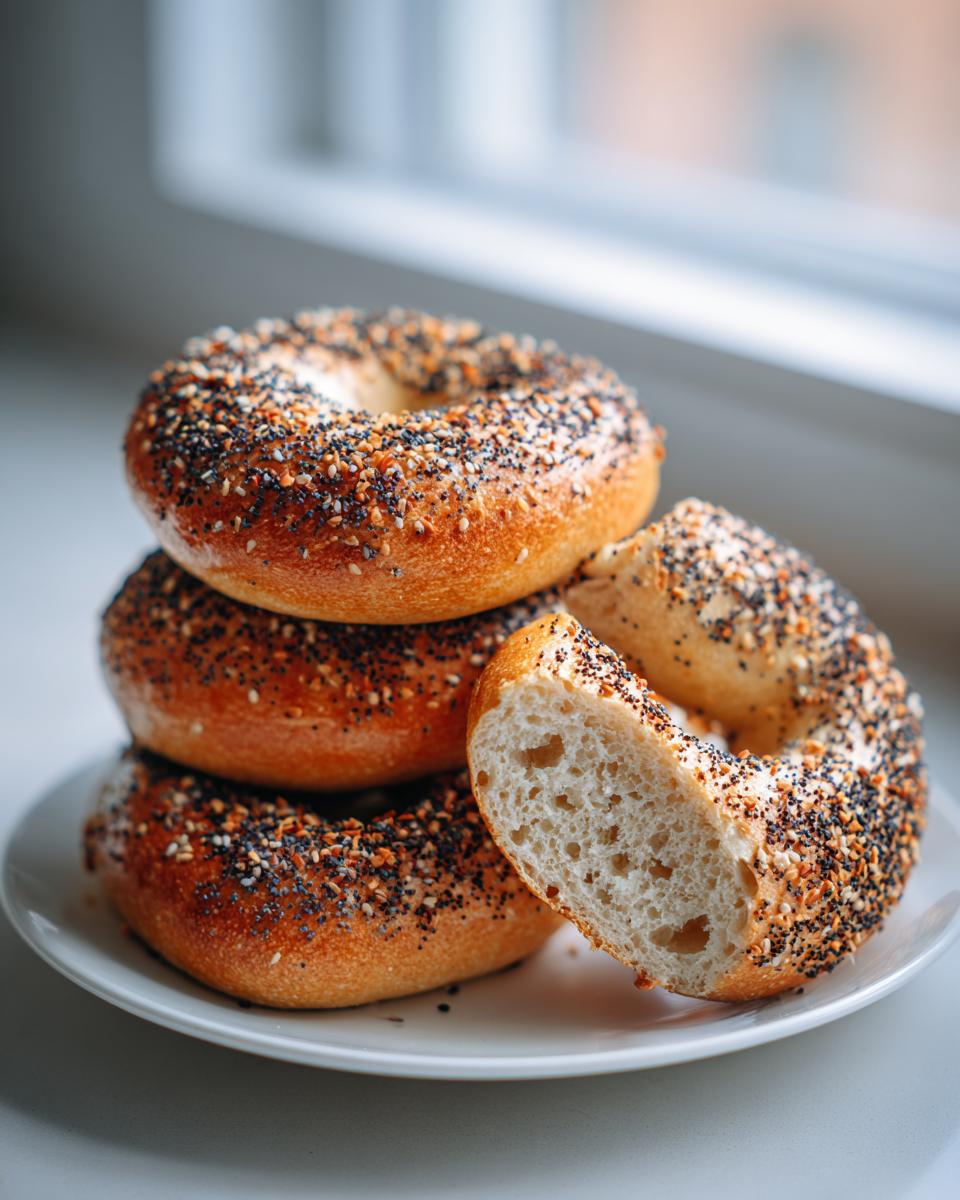 A stack of golden brown sourdough discard bagels topped with everything seasoning, one cut open to show the airy interior.