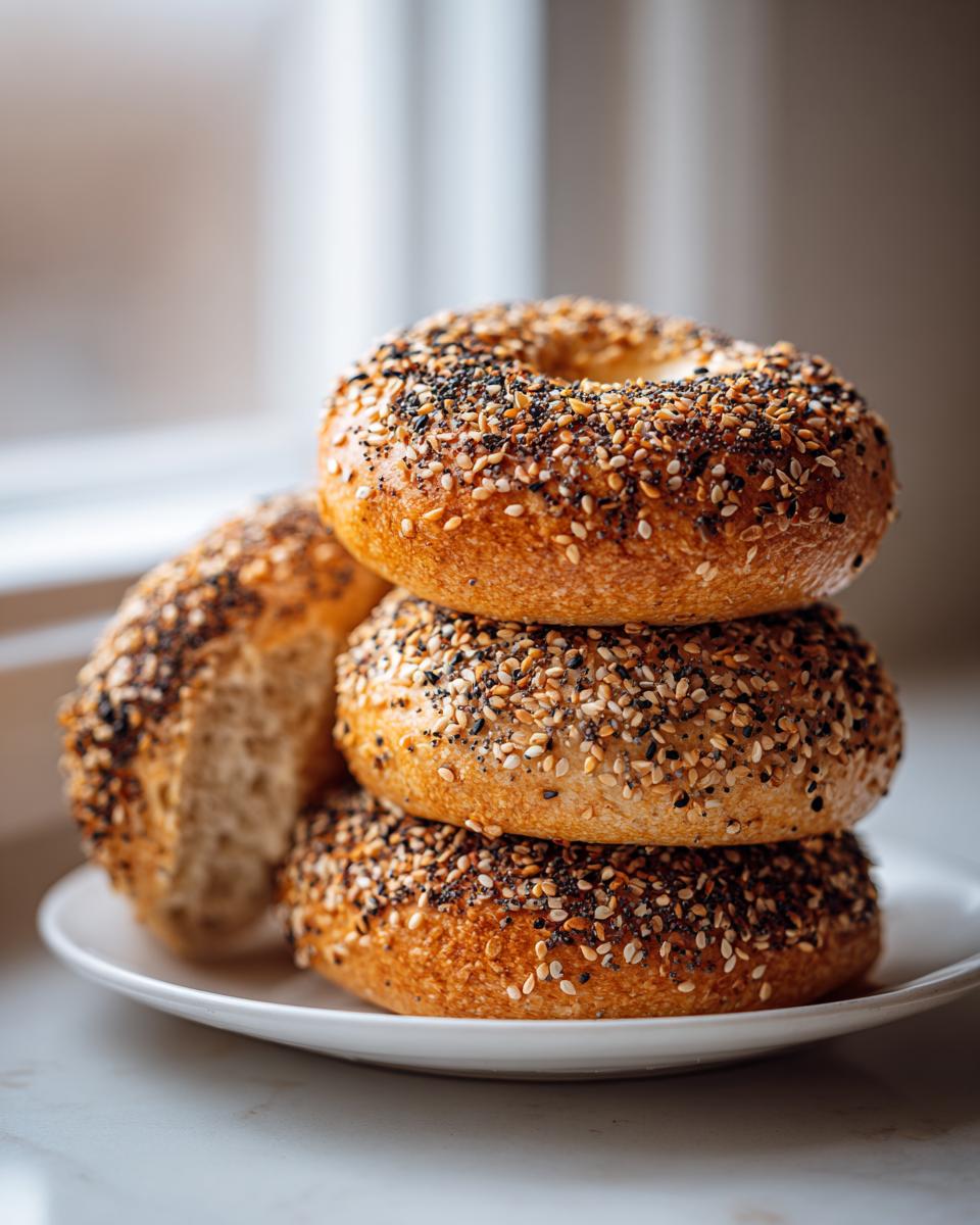 A stack of three golden brown sourdough discard bagels topped with everything seasoning sits on a white plate.