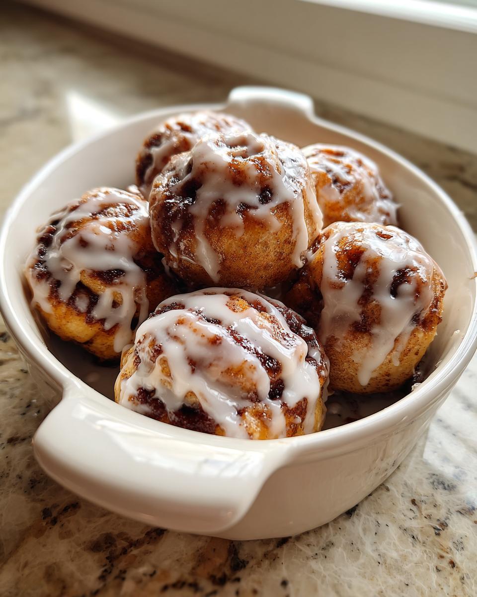 Close-up of several gooey sourdough discard cinnamon roll bites topped with white icing in a white serving dish.