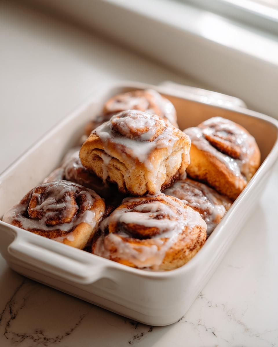 A close-up of freshly baked sourdough discard cinnamon roll bites topped with white icing in a white baking dish.