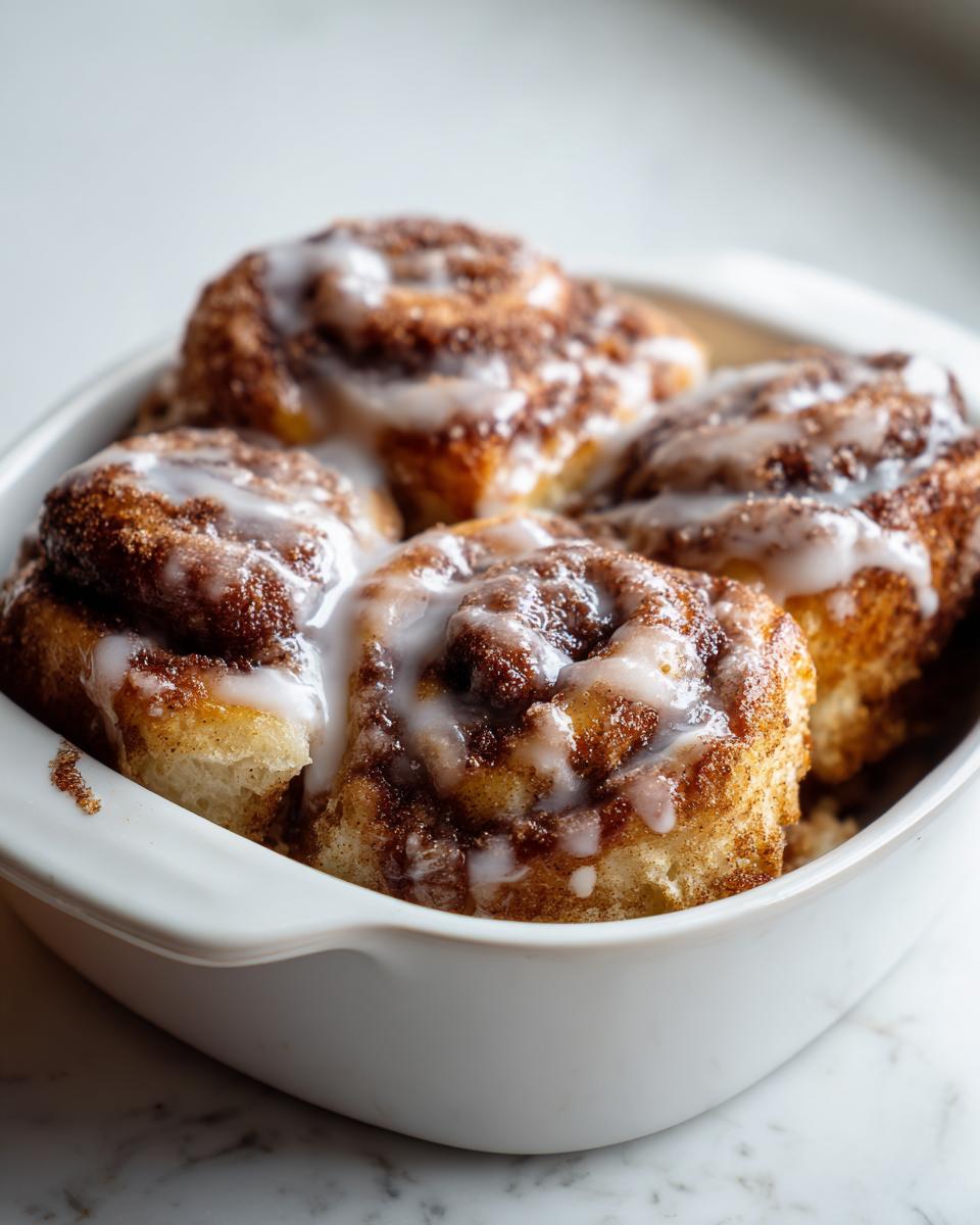 Close-up of four freshly baked sourdough discard cinnamon roll bites topped with white glaze in a white baking dish.