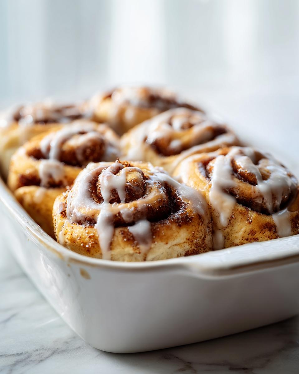 Close-up of freshly baked sourdough discard cinnamon roll bites drizzled with white icing in a white baking dish.