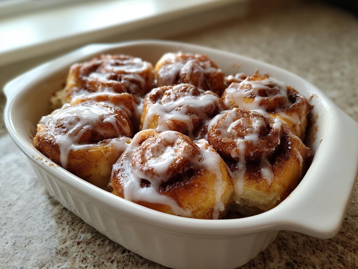 Close-up of freshly baked sourdough discard cinnamon roll bites topped with white icing in a white baking dish.