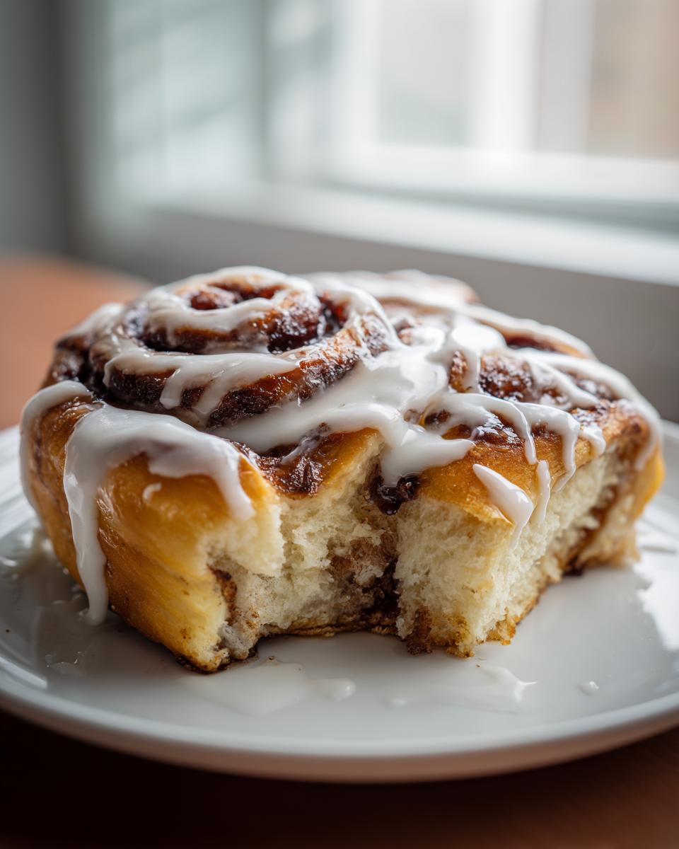 Close-up of a soft, fluffy sourdough discard cinnamon roll with a bite taken out, drizzled with white icing.