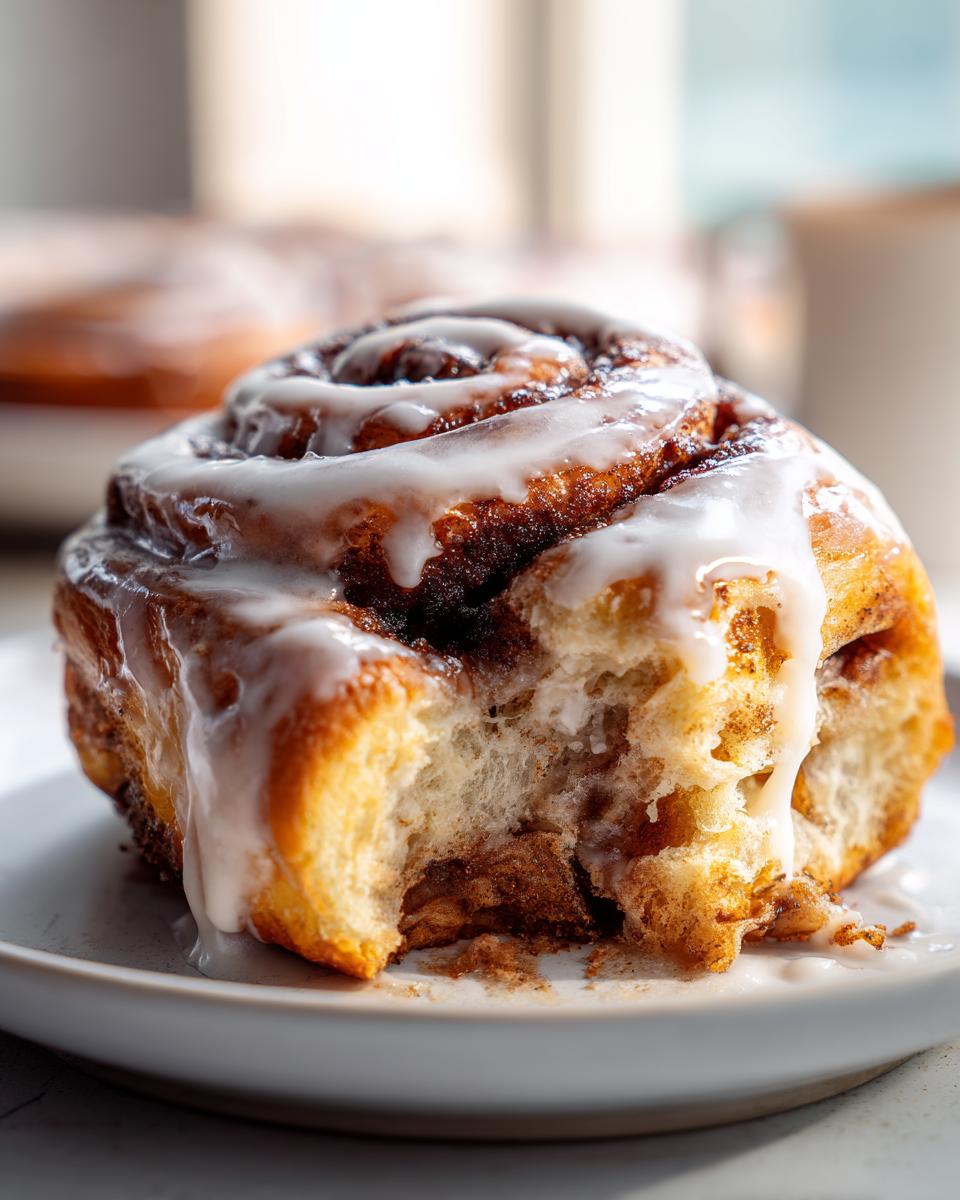 Close-up of a fluffy sourdough discard cinnamon roll with white icing, showing a bite taken out.