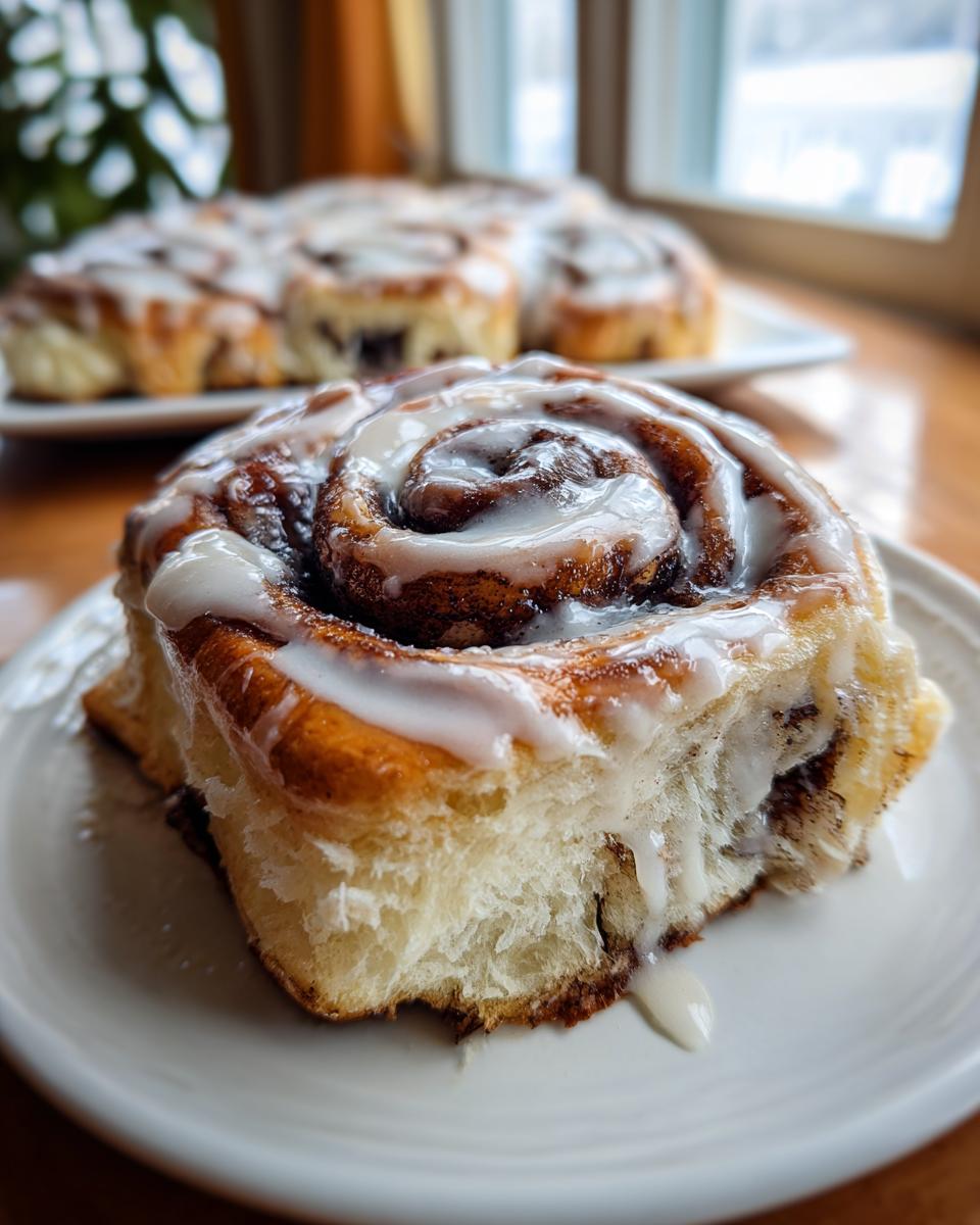 A close-up of a fluffy sourdough discard cinnamon roll drizzled with white icing on a white plate.