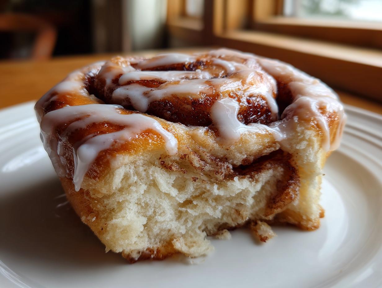 Close-up of a fluffy sourdough discard cinnamon roll with sweet white icing, showing the soft interior.