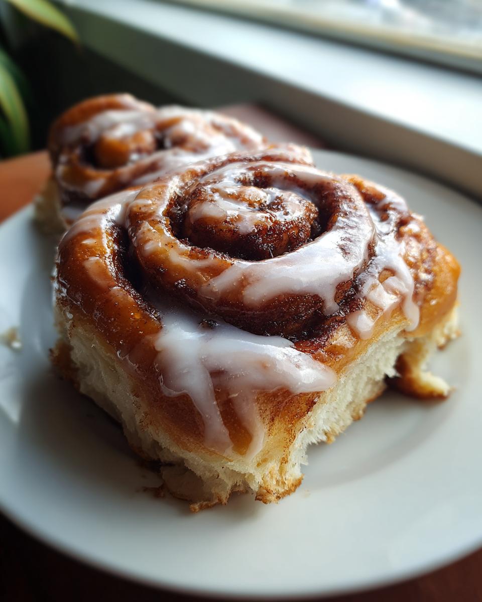 Close-up of two freshly baked sourdough discard cinnamon rolls covered in white glaze, sitting on a white plate.