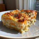 A close-up slice of creamy sweet potato au gratin with layers of orange sweet potato and white sauce, topped with browned cheese and herbs.
