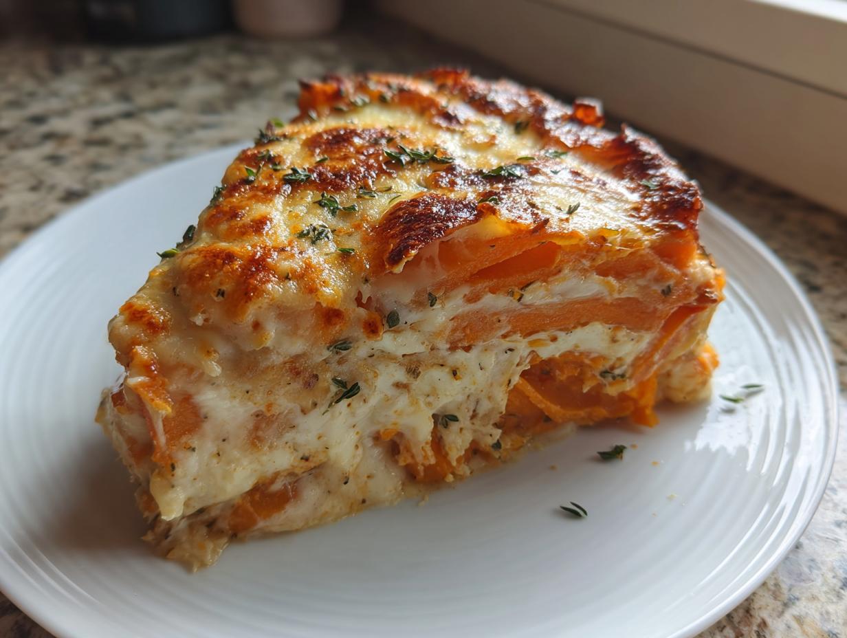 A close-up of a slice of sweet potato au gratin showing layers of orange sweet potato and creamy sauce, topped with browned cheese and herbs.