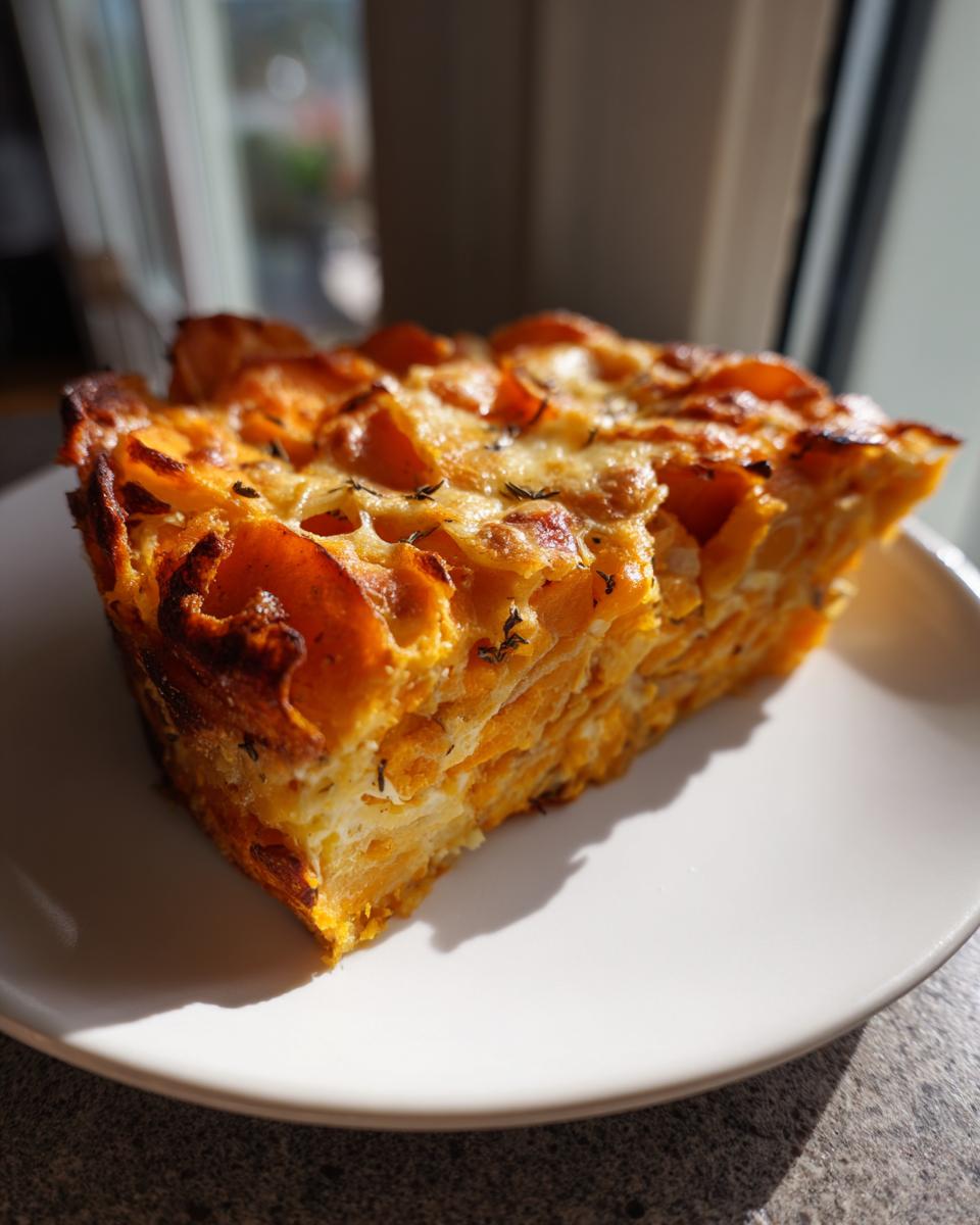 A golden-brown slice of sweet potato au gratin served on a white plate, showing layered sweet potatoes and melted cheese.
