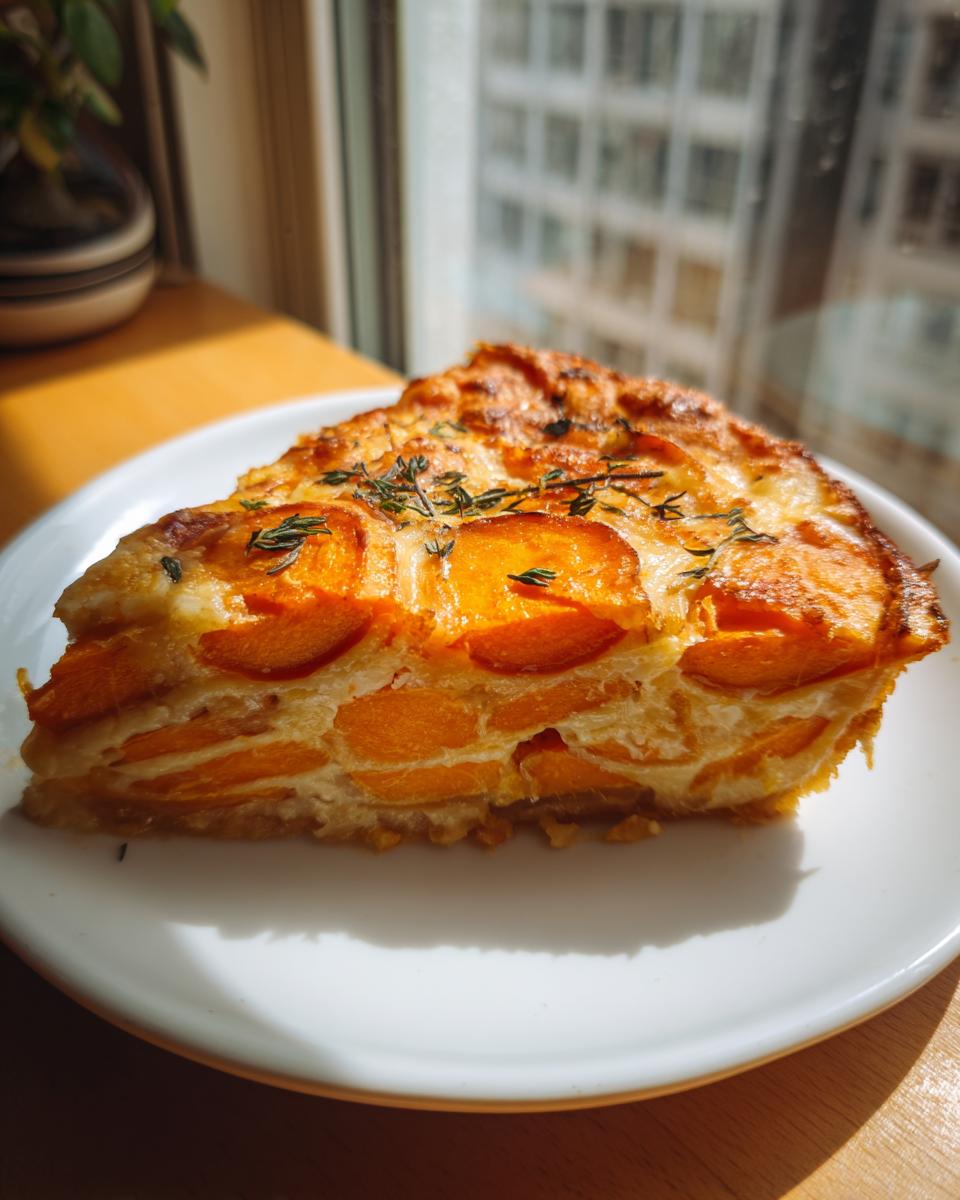 A slice of baked sweet potato au gratin showing layers of orange sweet potato and creamy sauce, topped with fresh thyme.