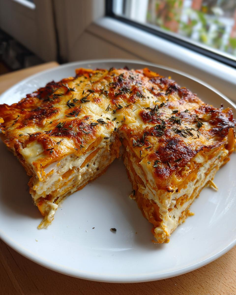 Two slices of layered sweet potato au gratin with a browned, cheesy crust and herbs on a white plate.