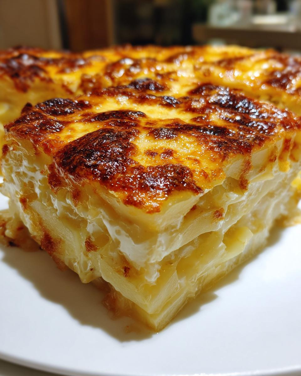 Close-up of a square slice of creamy Texas de Brazil potatoes au gratin with a deeply browned, cheesy crust.