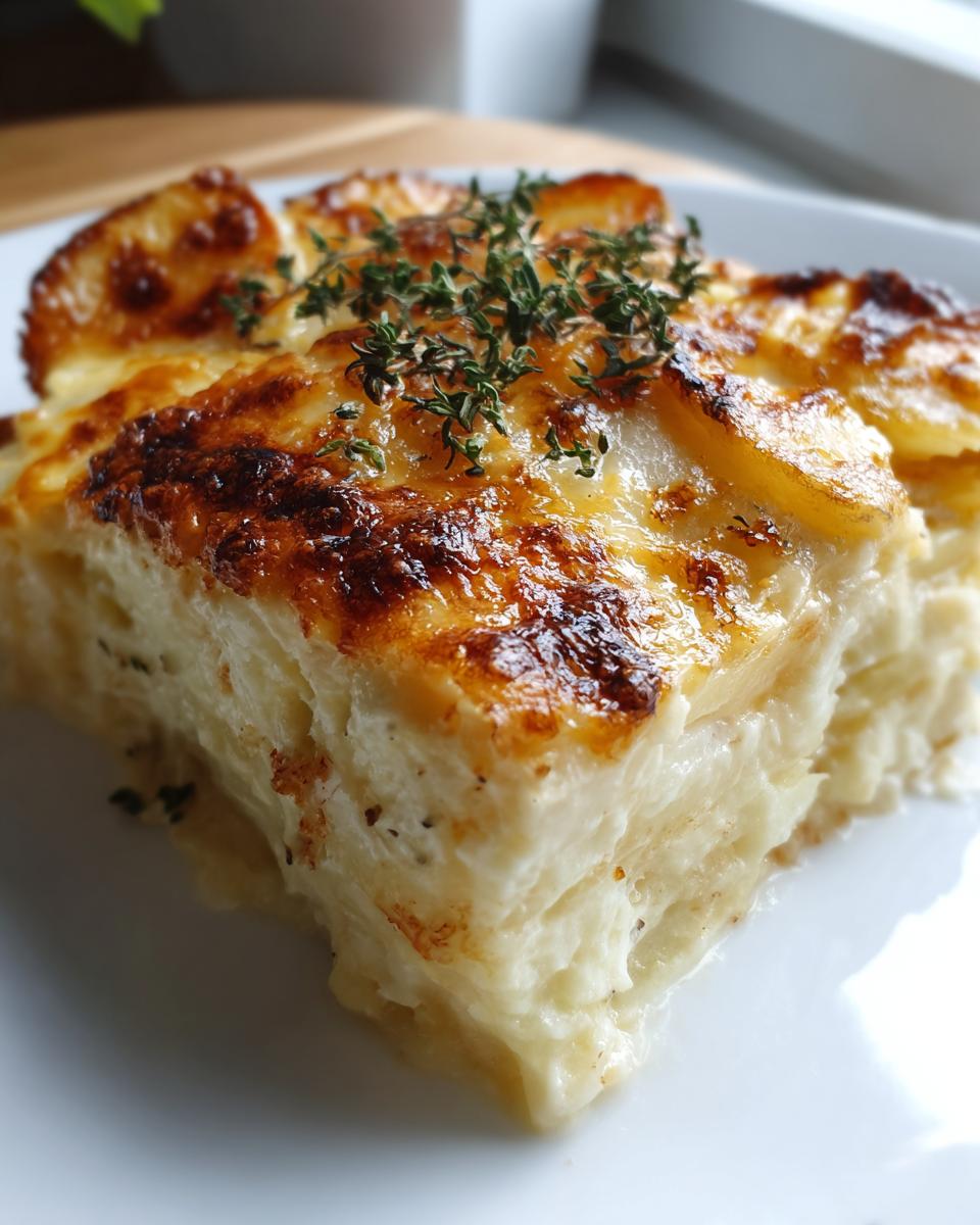 A rich, creamy slice of Texas de Brazil potatoes au gratin with a golden-brown, cheesy crust topped with fresh thyme.