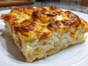 A close-up of a thick, creamy slice of Texas de Brazil potatoes au gratin with a golden-brown, cheesy crust.