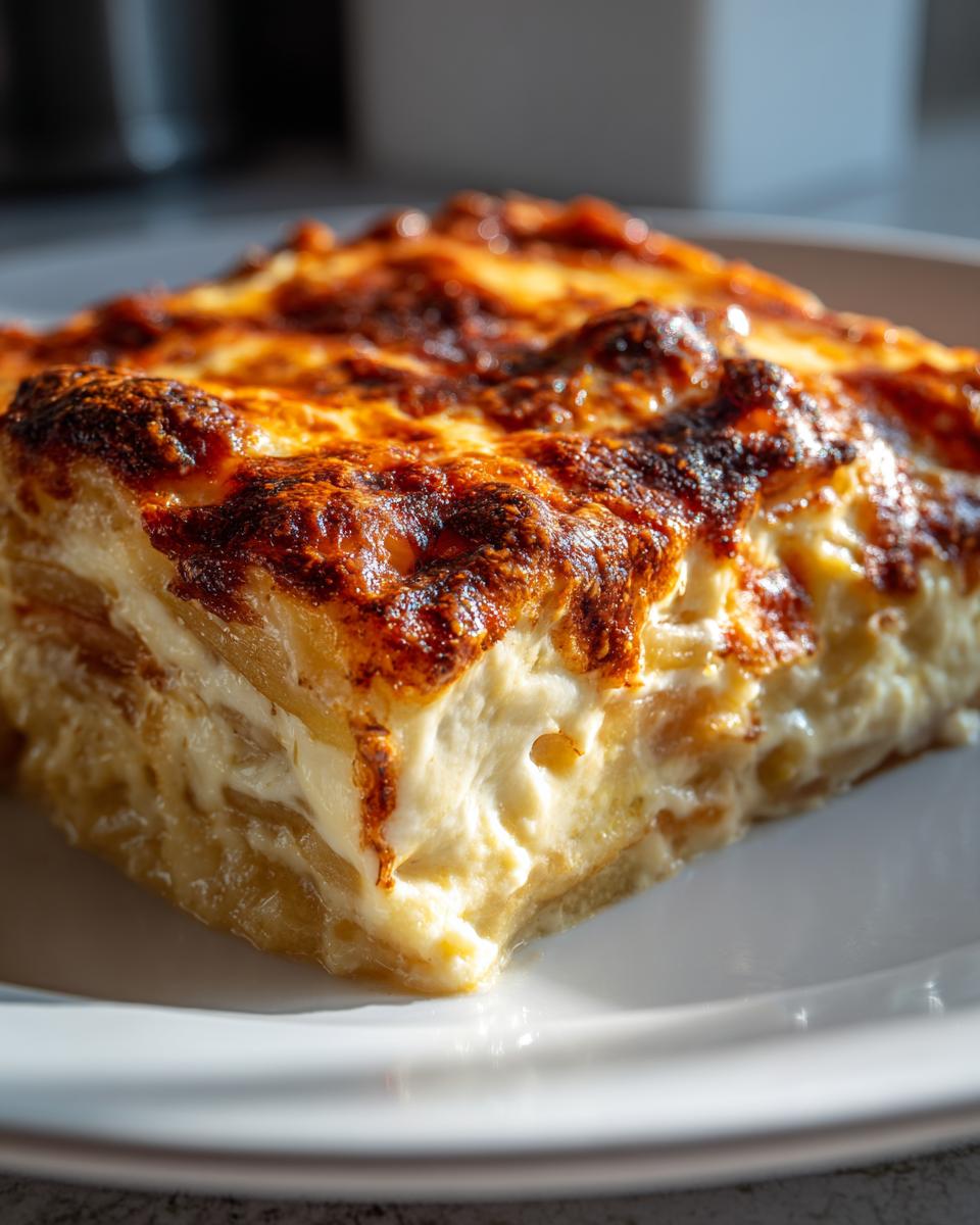 Close-up of a rich, creamy slice of Texas de Brazil potatoes au gratin with a deeply browned, cheesy top.