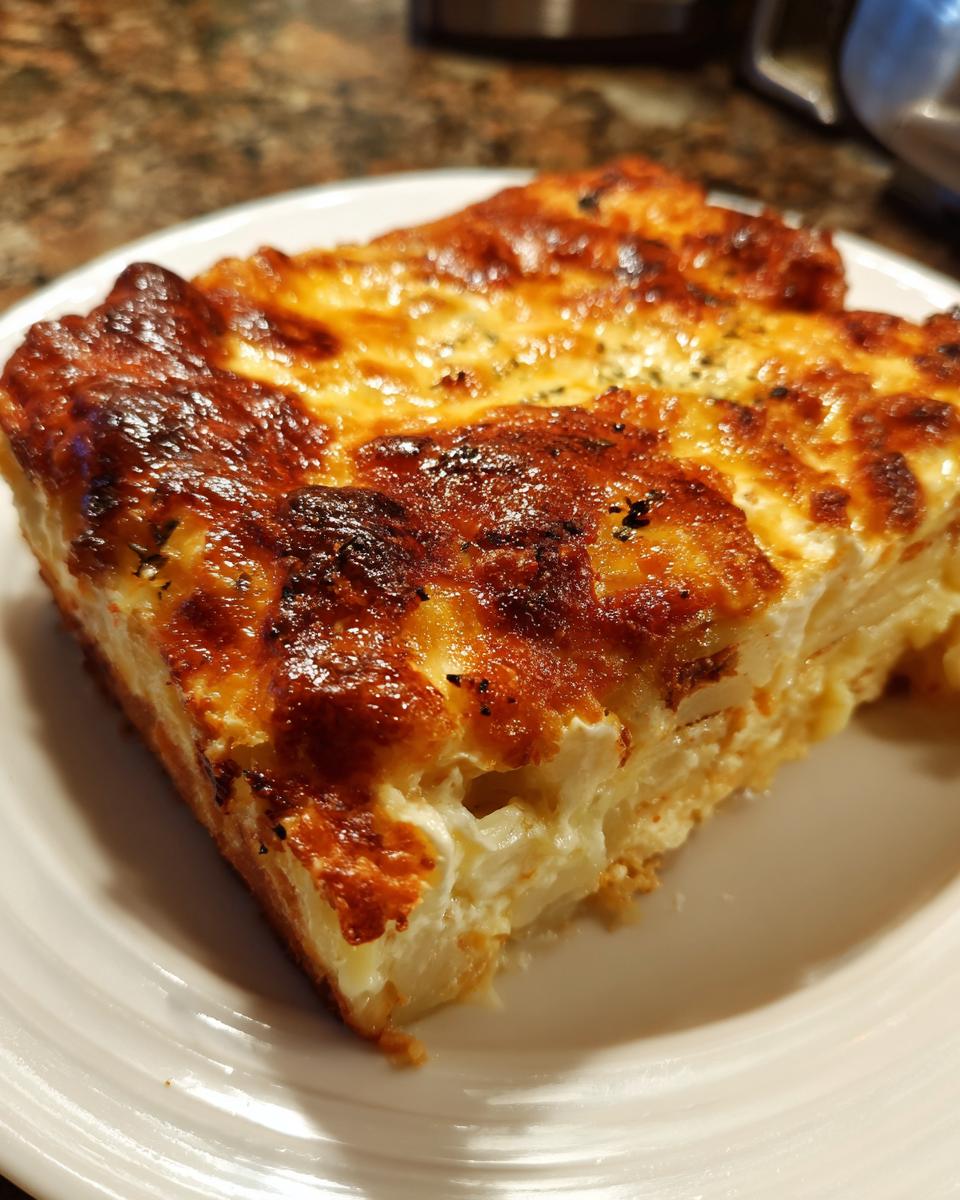 Close-up of a rich, cheesy slice of texas de brazil potatoes au gratin with a browned, bubbly top.
