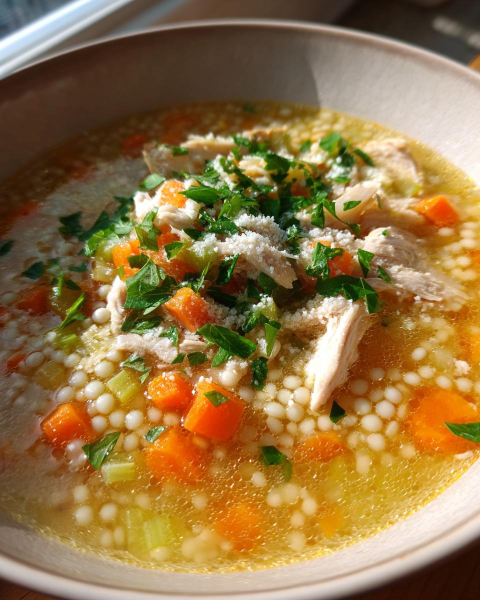 A close-up bowl of amazing penicillin soup featuring small round pasta, shredded chicken, diced carrots, and fresh parsley garnish.