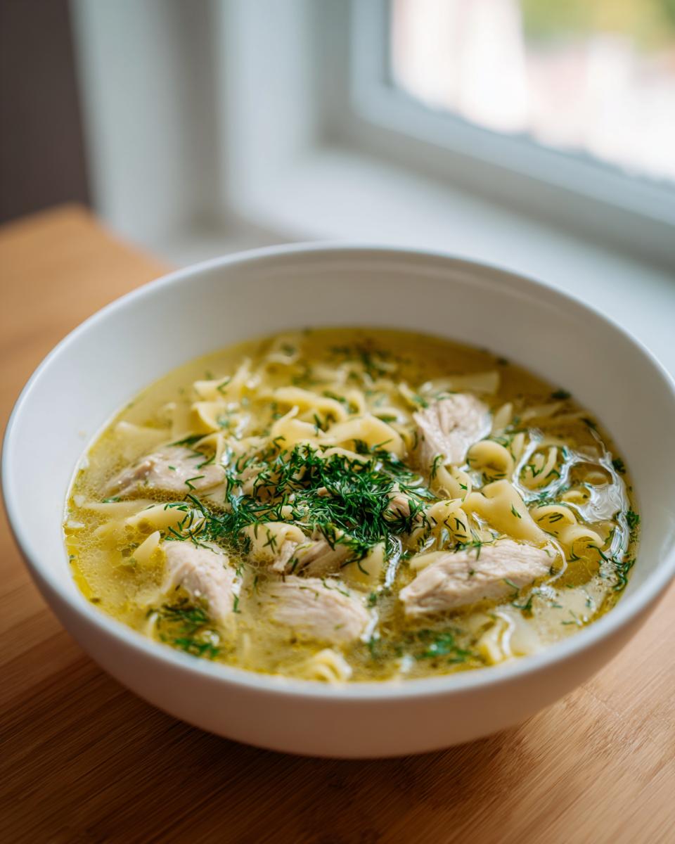 A comforting bowl of chicken penicillin soup featuring egg noodles, shredded chicken, and topped with fresh dill.