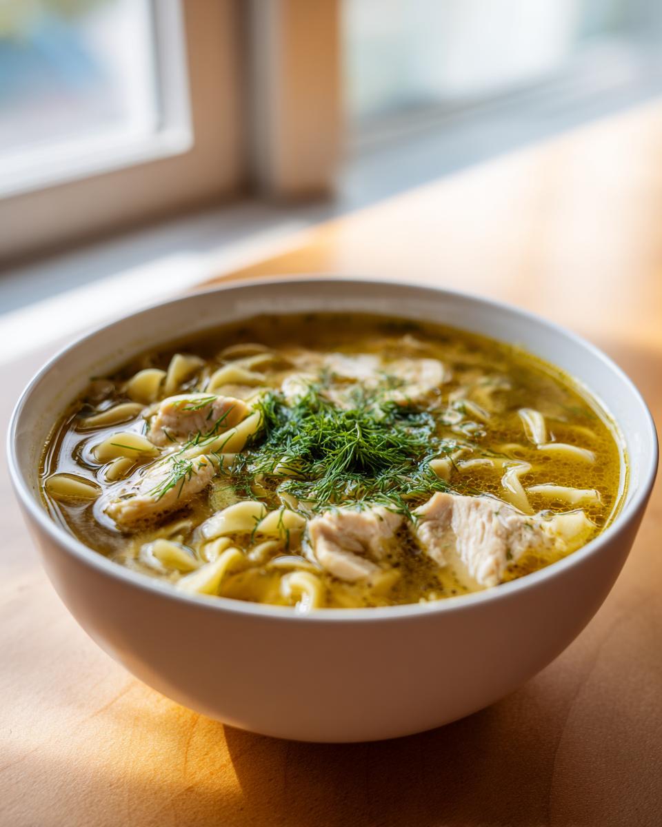 A close-up of a white bowl filled with savory chicken penicillin soup, featuring noodles, chunks of chicken, and fresh dill garnish.