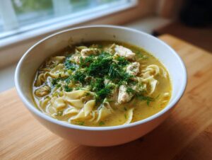 A white bowl filled with savory chicken penicillin soup, featuring egg noodles, shredded chicken, and topped with fresh dill.