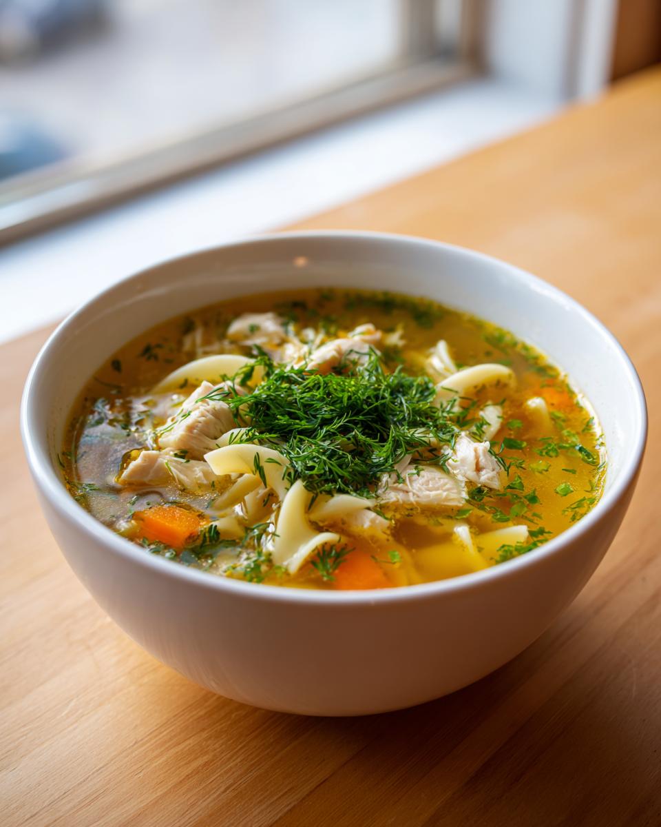 A white bowl filled with savory chicken penicillin soup, featuring noodles, shredded chicken, carrots, and topped generously with fresh dill.