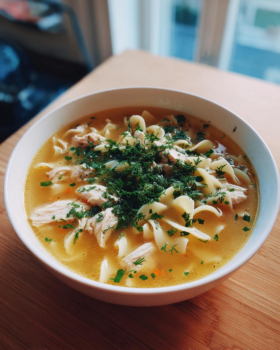 A close-up of a white bowl filled with savory chicken penicillin soup, featuring shredded chicken, egg noodles, and fresh dill.
