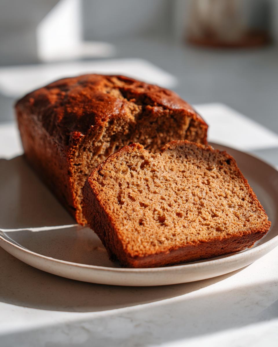 Close-up of a slice cut from a loaf of moist flourless peanut butter banana bread, showing the dense texture.