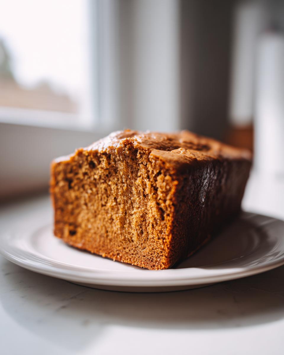 A close-up shot of a thick slice of moist flourless peanut butter banana bread on a white plate.