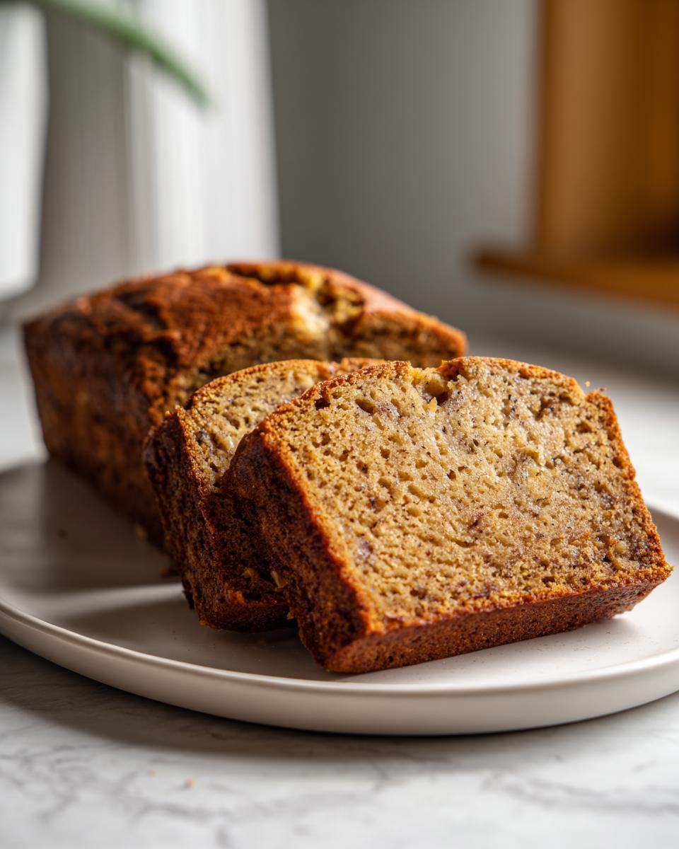 Close-up of two thick slices of moist flourless peanut butter banana bread resting against the main loaf on a light plate.