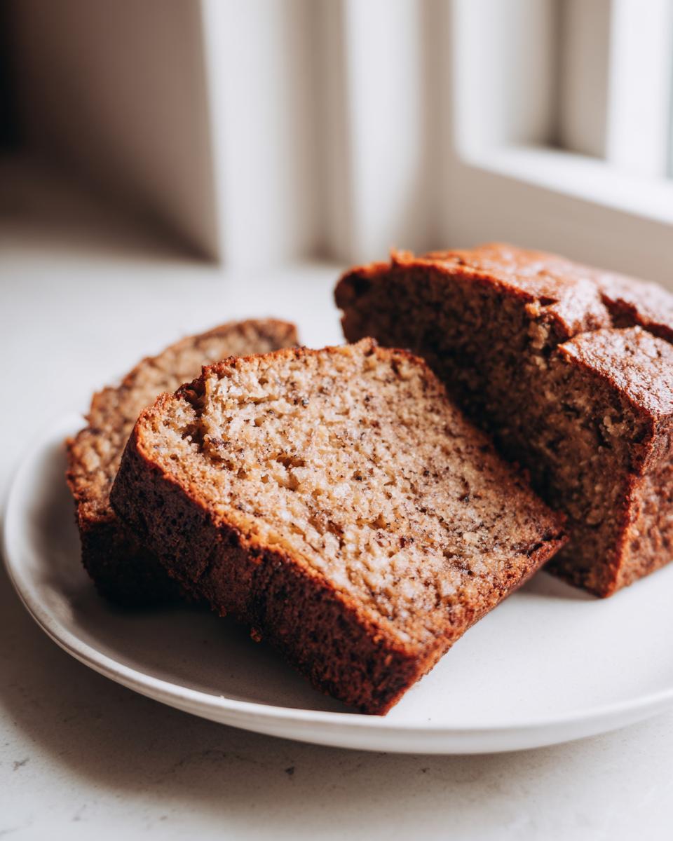 Close-up of thick slices of moist flourless peanut butter banana bread resting on a white plate.