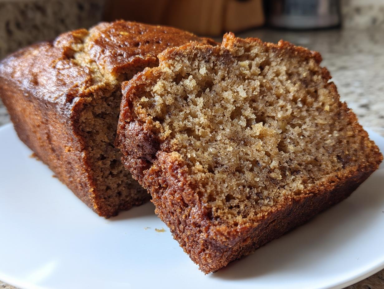 Close-up of two slices of rich, moist flourless peanut butter banana bread on a white plate.