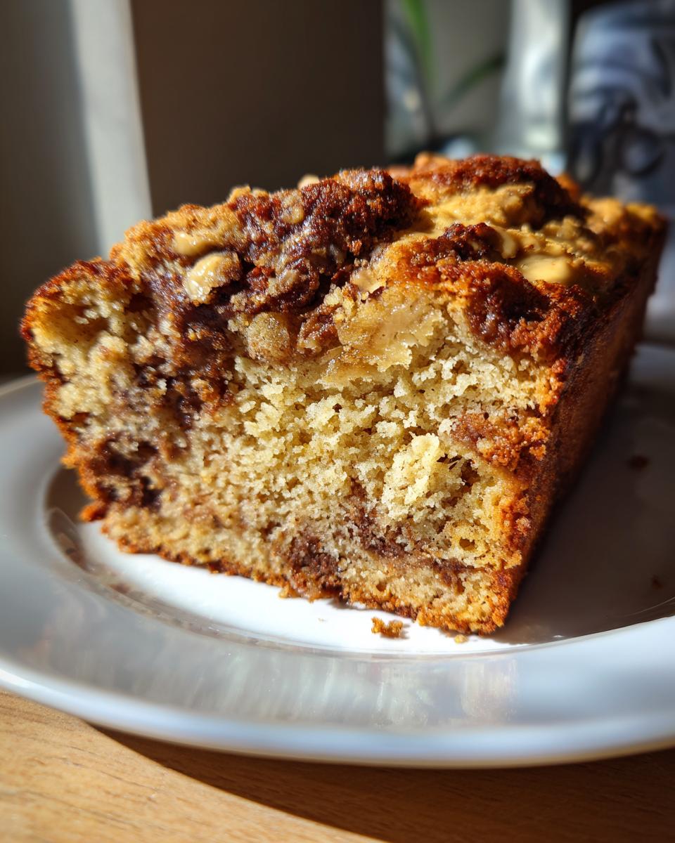 Close-up of a moist slice of gluten free peanut butter banana bread featuring a dark, crunchy streusel topping.