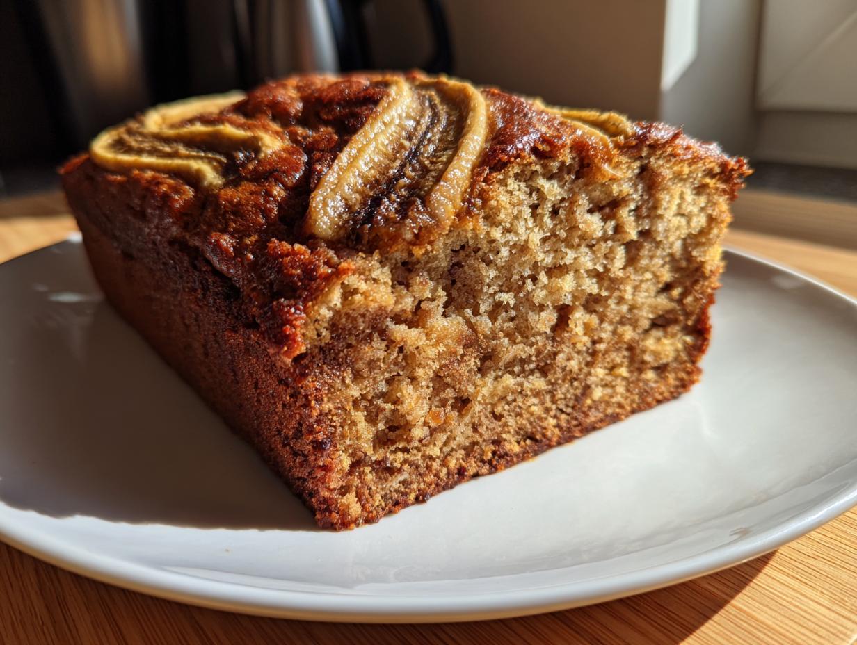 A close-up of a moist slice of gluten free peanut butter banana bread, topped with caramelized banana slices.