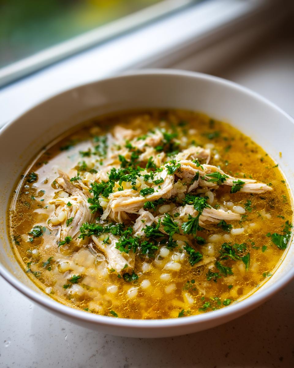 Close-up of a bowl of golden italien penicillin soup filled with shredded chicken and small pasta or rice, topped with fresh parsley.