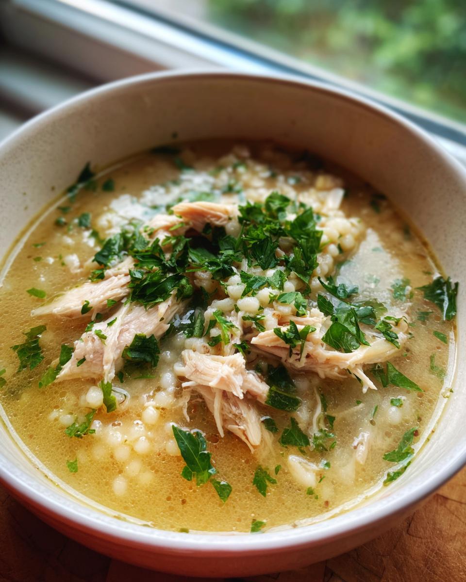 Close-up of a bowl of italien penicillin soup featuring shredded chicken, small pasta pearls, and fresh parsley garnish.