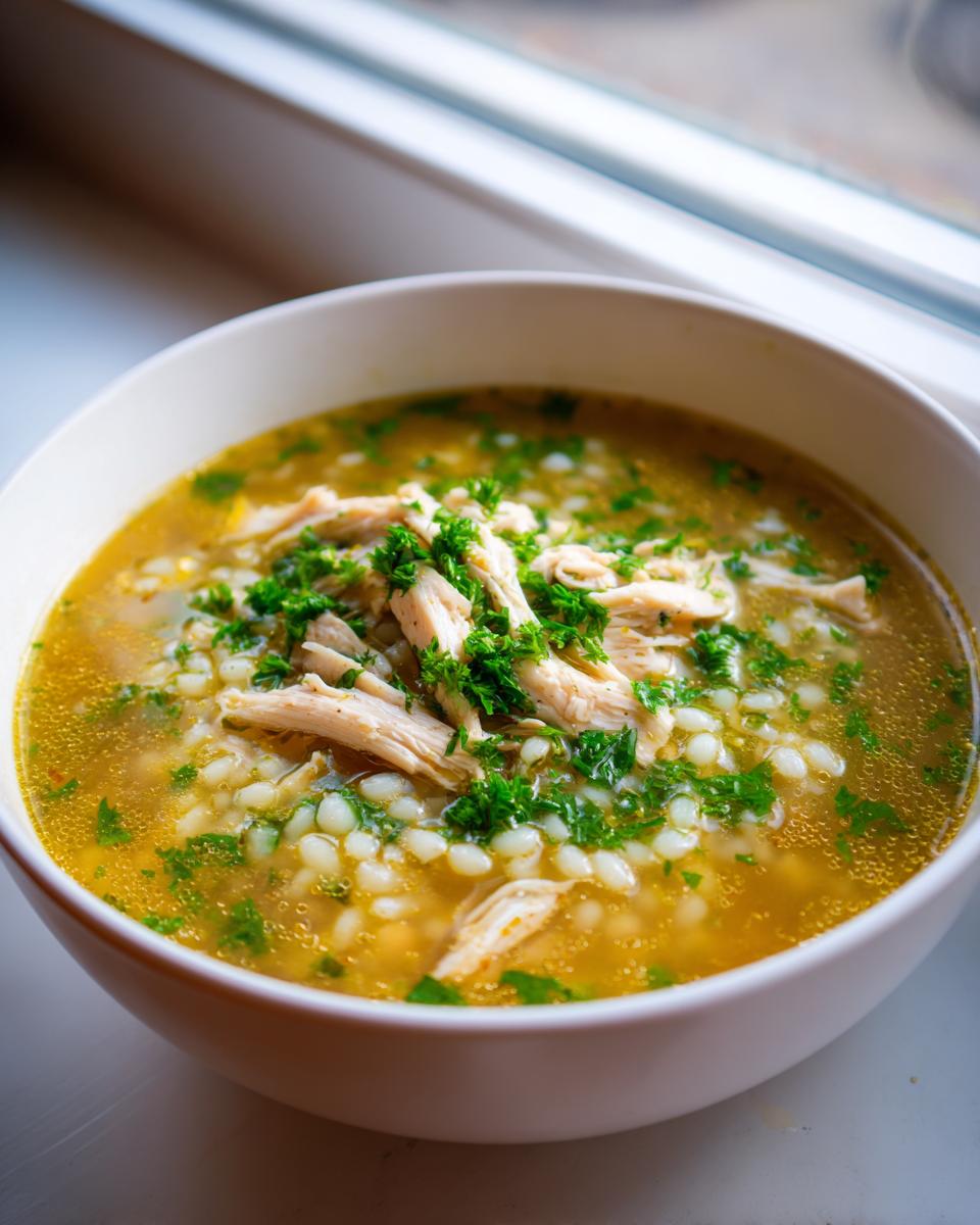 Close-up of a bowl of rich, golden italien penicillin soup topped with shredded chicken and fresh parsley.