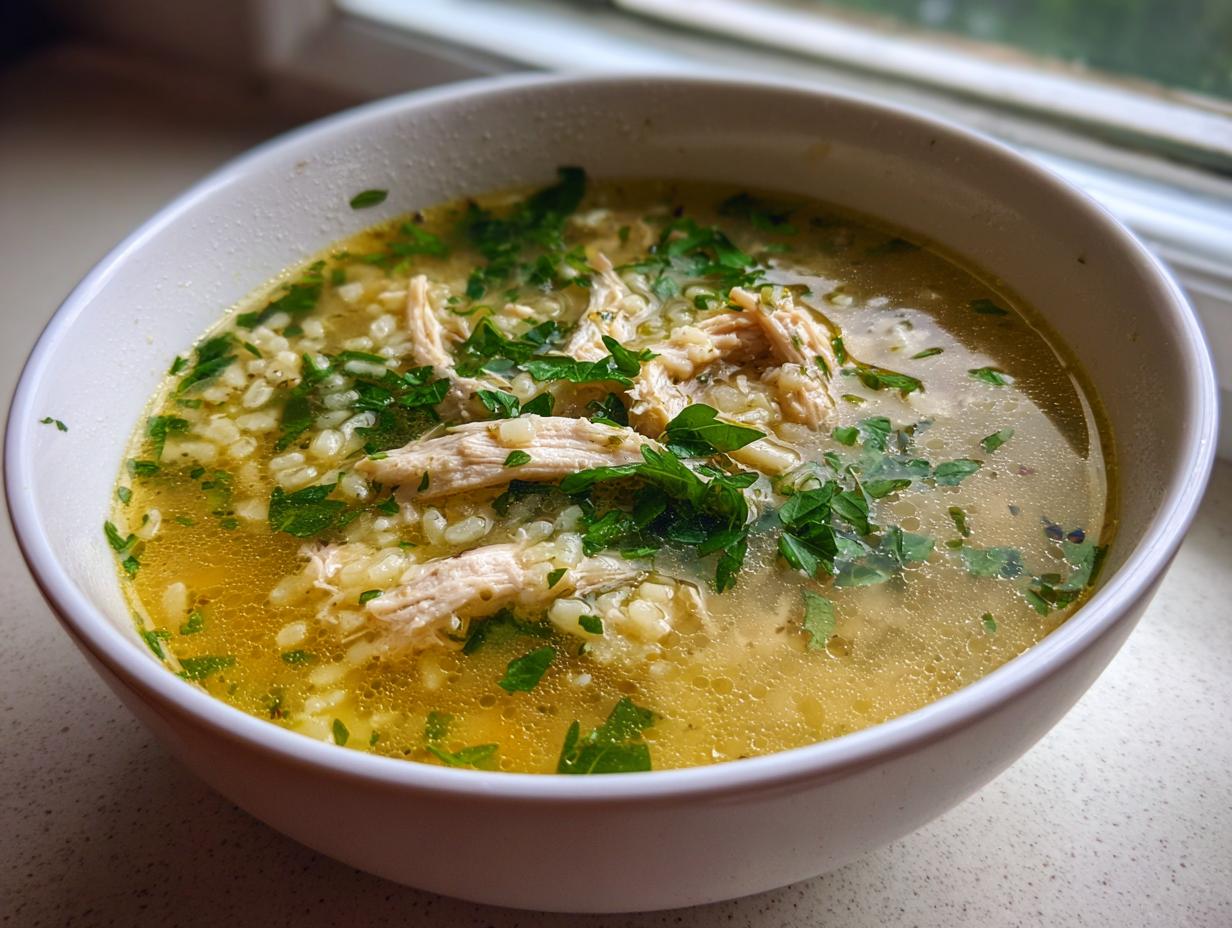 Close-up of a white bowl filled with warm italien penicillin soup, featuring shredded chicken, rice, and fresh parsley.