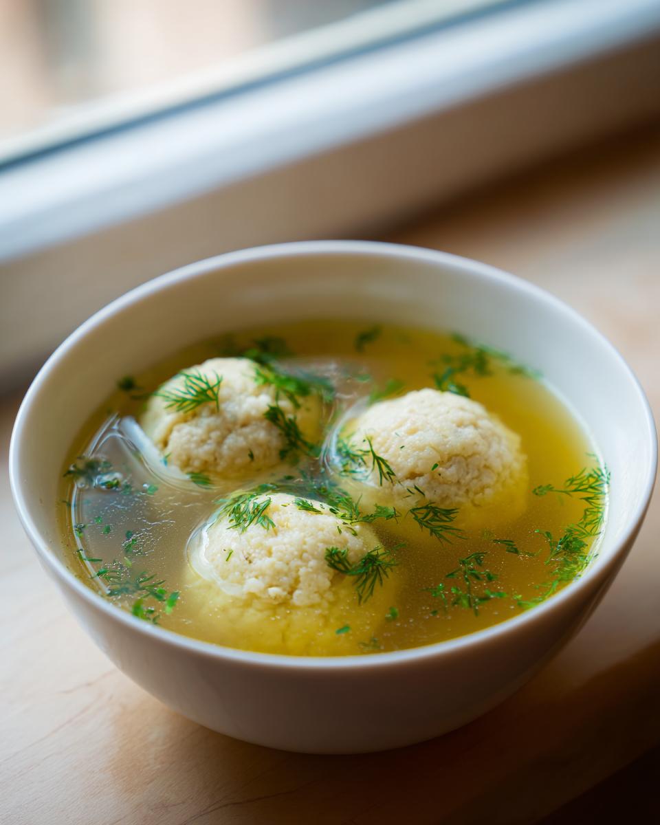 Close-up of a white bowl filled with golden broth, three matzah balls, and fresh dill, representing jewish penicillin soup.