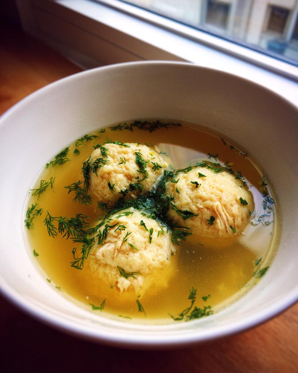 A close-up of a white bowl filled with clear broth and three large matzo balls, garnished with fresh dill, representing jewish penicillin soup.