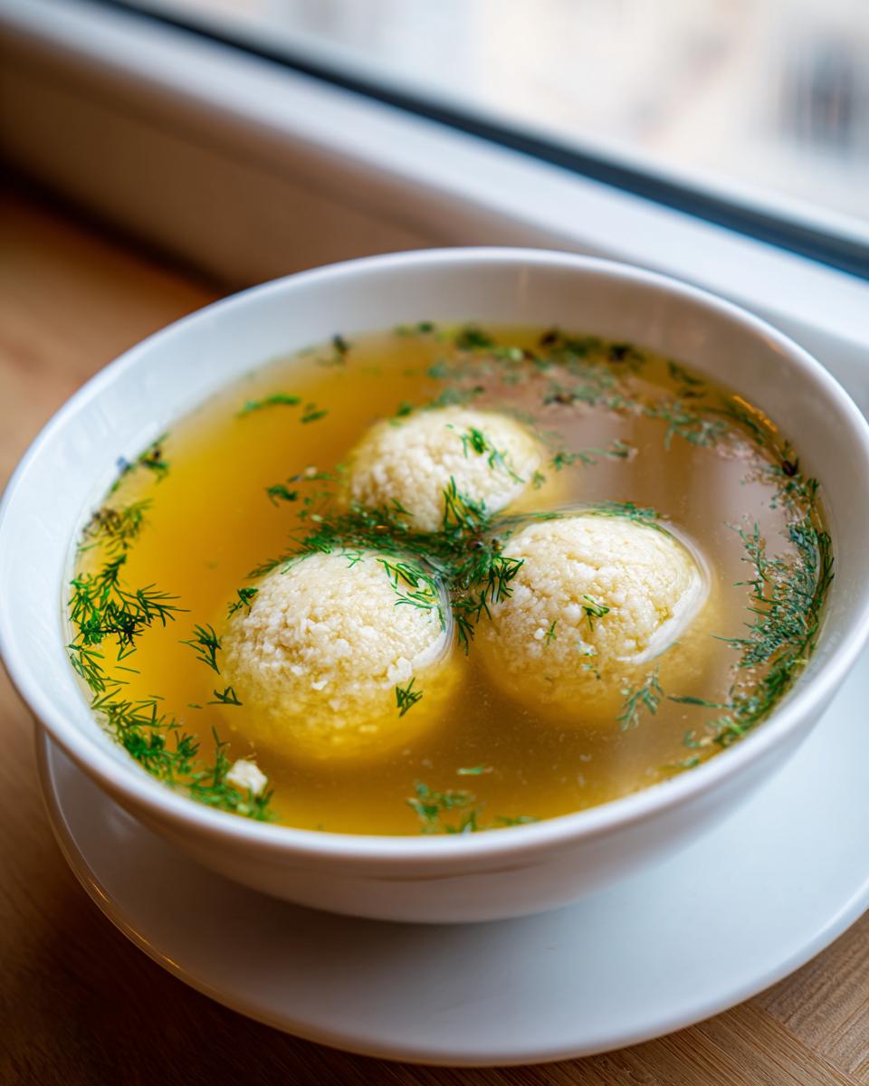 Close-up of a white bowl filled with golden jewish penicillin soup and three fluffy matzo balls, garnished with fresh dill.