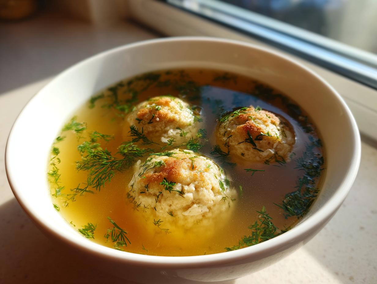 Close-up of a white bowl filled with clear broth, three matzo balls, and fresh dill, representing jewish penicillin soup.