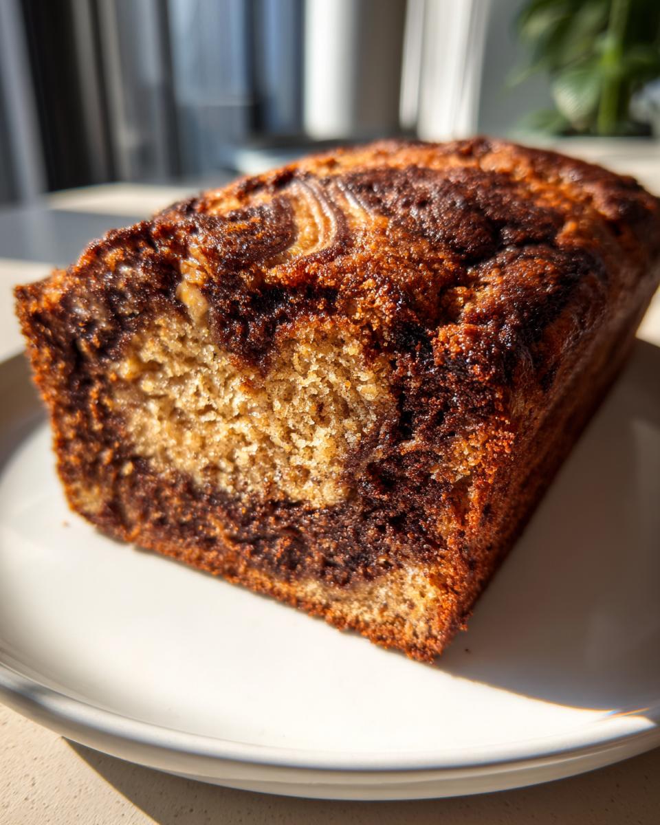 A close-up of a freshly baked loaf of marbled gluten free peanut butter banana bread on a white plate.
