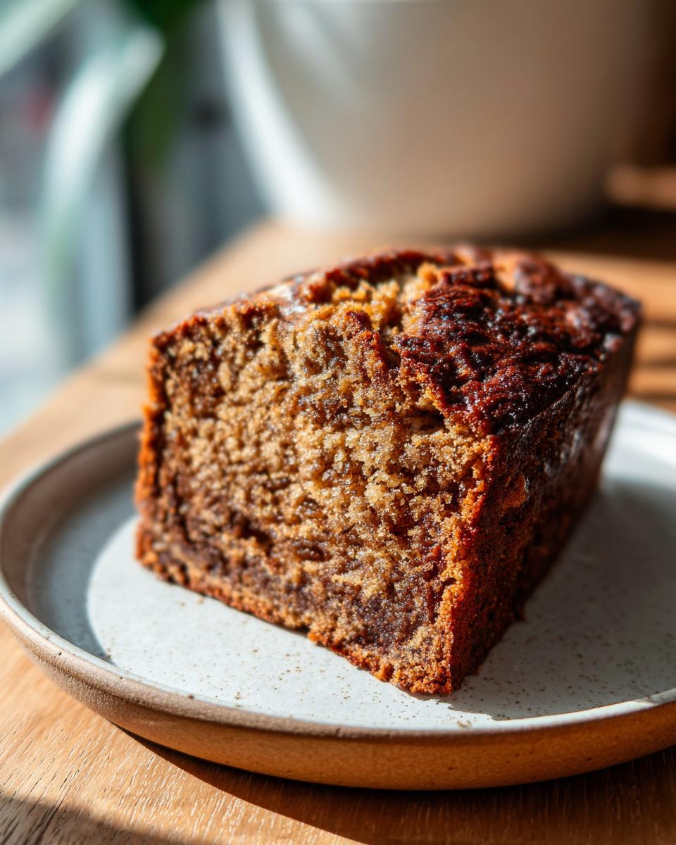 A close-up, sunlit shot of a thick slice of moist peanut butter banana bread on a speckled ceramic plate.